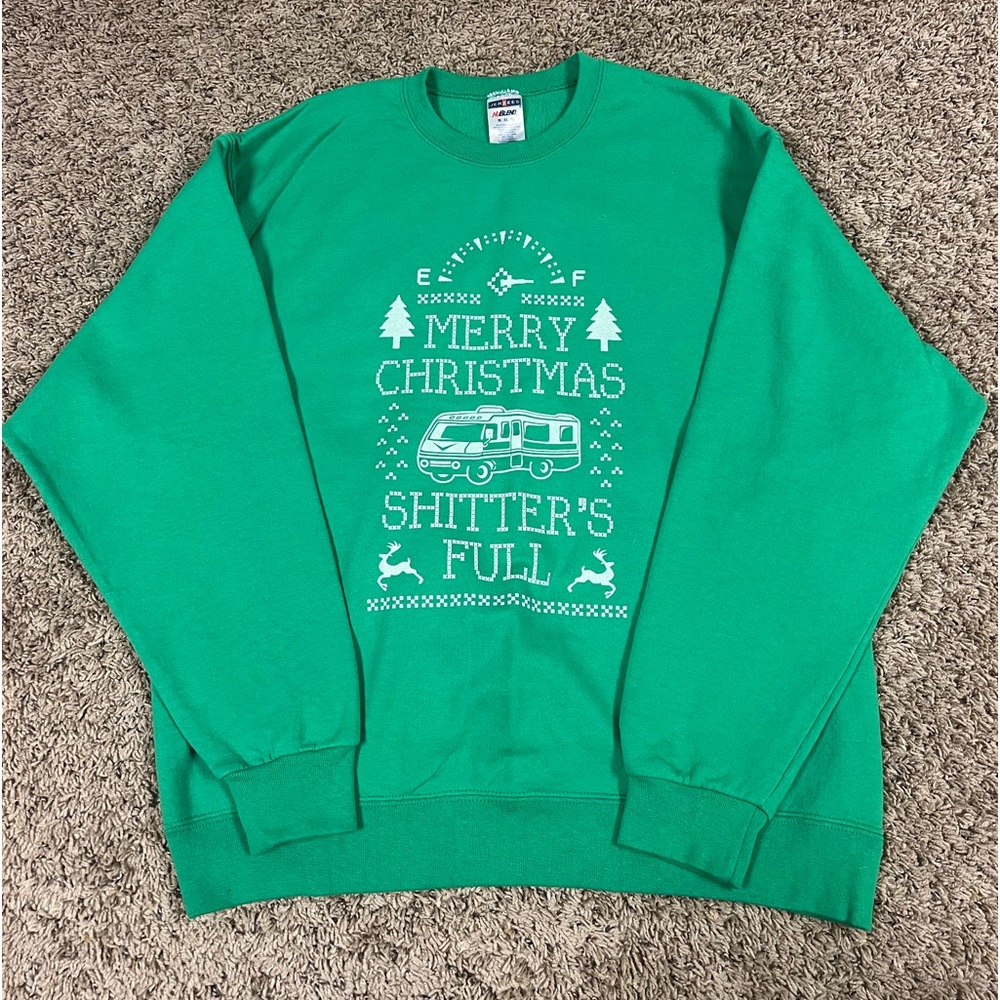 Jerzees XL Merry Christmas Vacation Sh*tters Full long sleeve sweatshirt, green.